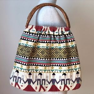 Vintage Folk Art Textile Tote Bag Handbag